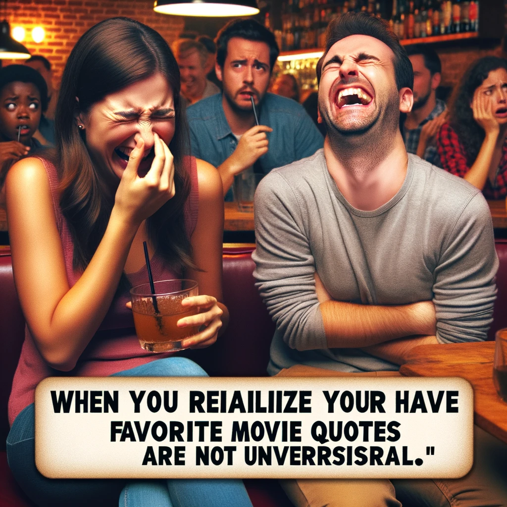 Misunderstood Movie Quotes: An image of one person laughing hysterically after quoting a movie line, while the other person looks on, not getting the reference. The laughing person is holding their stomach, tears of laughter in their eyes, while the confused person is scratching their head, looking puzzled. They are seated in a lively bar or pub, with a casual and fun atmosphere. Other patrons are visible in the background, some engaged in their own conversations. Caption: "When you realize your favorite movie quotes are not universal."