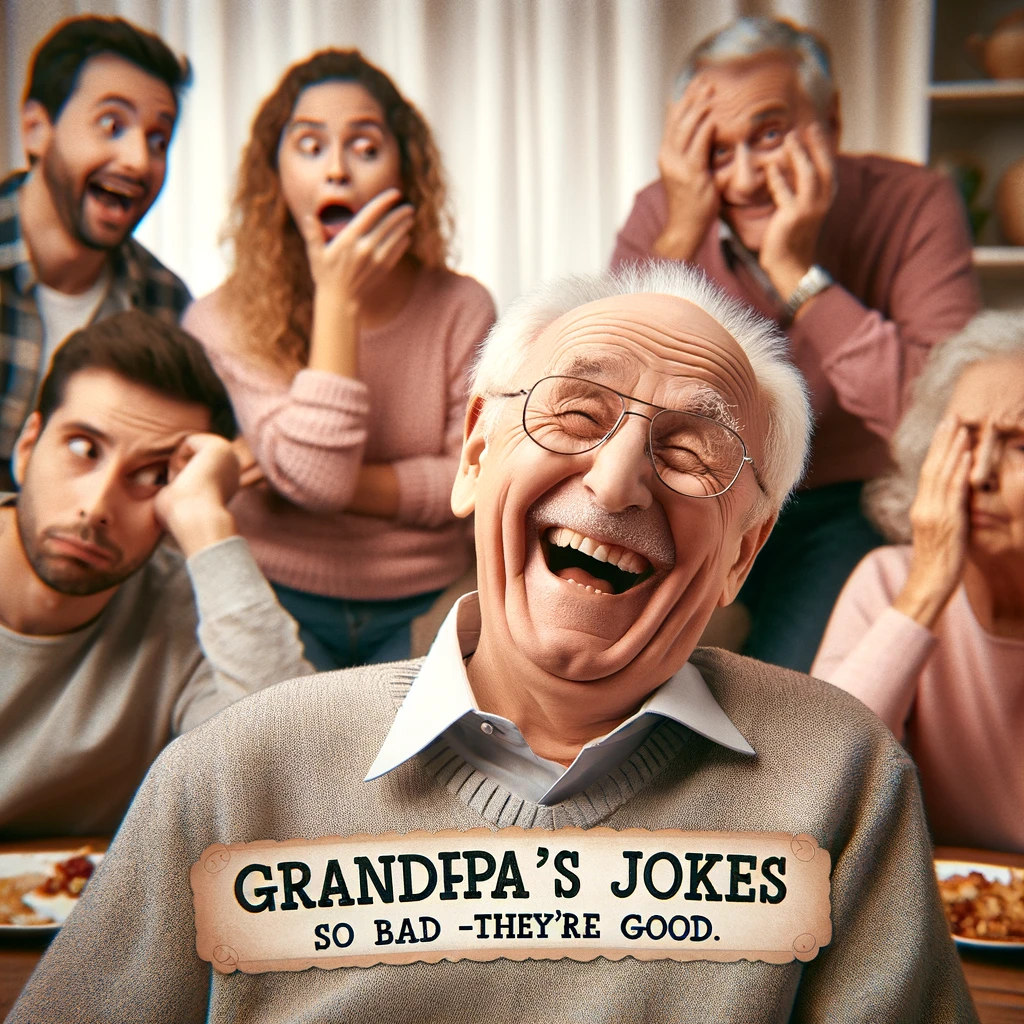 A playful image of an elderly man, grandpa, laughing heartily at his own joke. Around him, family members are rolling their eyes or looking confused, not sharing his amusement. The setting should be a family gathering, like a living room or dining table. The grandpa's expression should be one of pure joy and self-amusement. The caption at the bottom reads: "Grandpa's jokes - so bad, they're good." The image should be warm and humorous, showcasing the grandpa's jovial nature and the family's affectionate tolerance of his humor.
