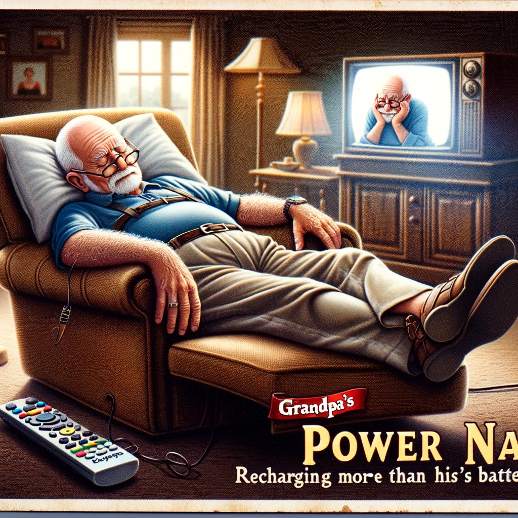A humorous image of a grandpa snoozing in a comfortable armchair, with a TV remote in hand, in the middle of the day. The setting should be a cozy living room, with a TV in the background. The grandpa is in a relaxed pose, lightly dozing off, embodying the peacefulness of a mid-day nap. The caption at the bottom reads: "Grandpa's power nap - recharging more than just his batteries." The image should convey a sense of warmth and gentle humor, highlighting the grandpa's contentment and the tranquility of the moment.