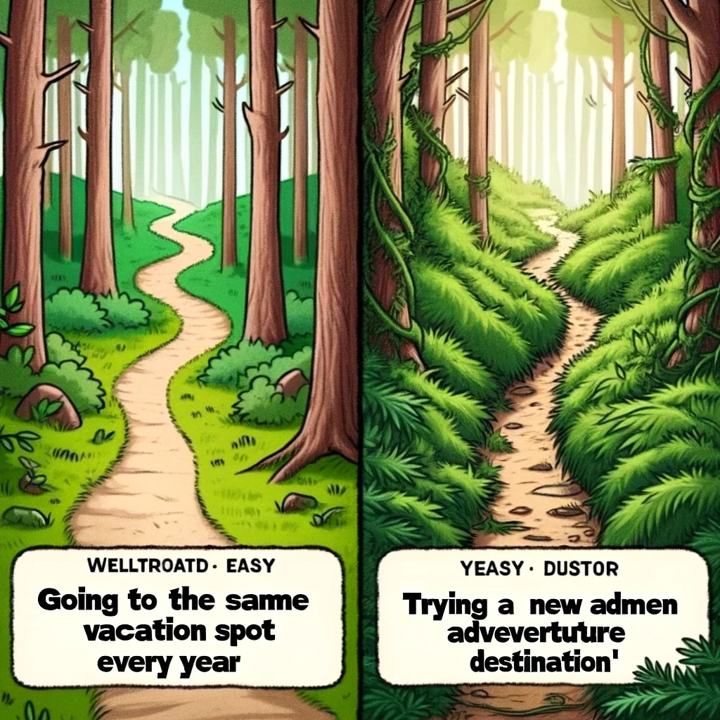 A meme depicting two paths in a forest. The left path is well-trodden and easy, labeled 'Going to the same vacation spot every year'. The right path is wild, overgrown, and labeled 'Trying a new adventure destination'.