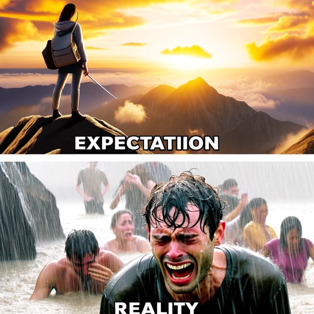 A meme with two panels. Top panel: A glamorous image of a person on a mountain peak at sunset, captioned 'Expectation'. Bottom panel: The same person, drenched in rain, lost, and looking exhausted, captioned 'Reality'.