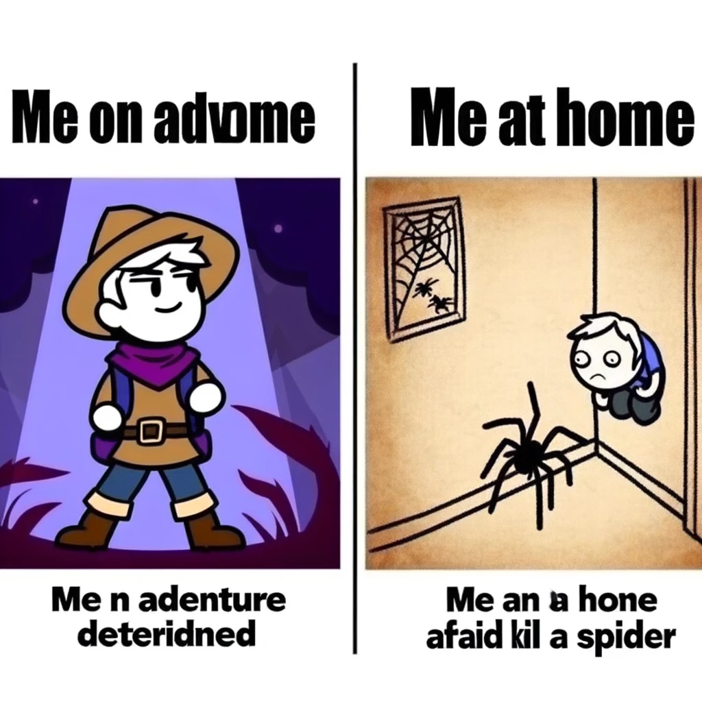 A two-panel meme. First panel: A character in adventure attire, looking determined, captioned 'Me on an adventure'. Second panel: The same character at home, afraid to kill a spider, captioned 'Me at home'.