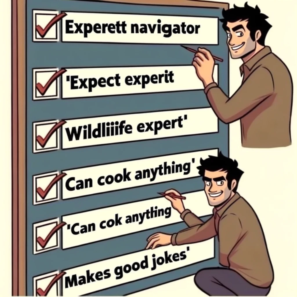 A meme with a series of checkboxes and options like 'Expert Navigator', 'Wildlife Expert', 'Can cook anything'. The only checked box is labeled 'Makes good jokes'.