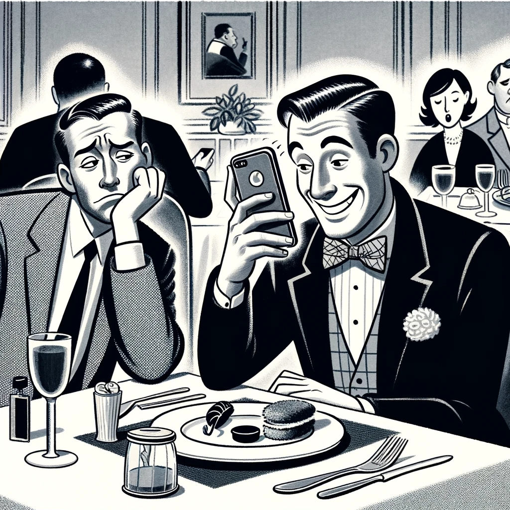 The Excessive Selfie Taker: An image of a person posing for a selfie in a restaurant, completely focused on their phone, while their date sitting across the table looks bored or annoyed. The setting is a nice restaurant, indicating a date. The person taking the selfie is dressed up, smiling at their phone, while the date has an expression of frustration or disinterest. A caption at the bottom reads: "When your date is more interested in updating their social media than the actual date."