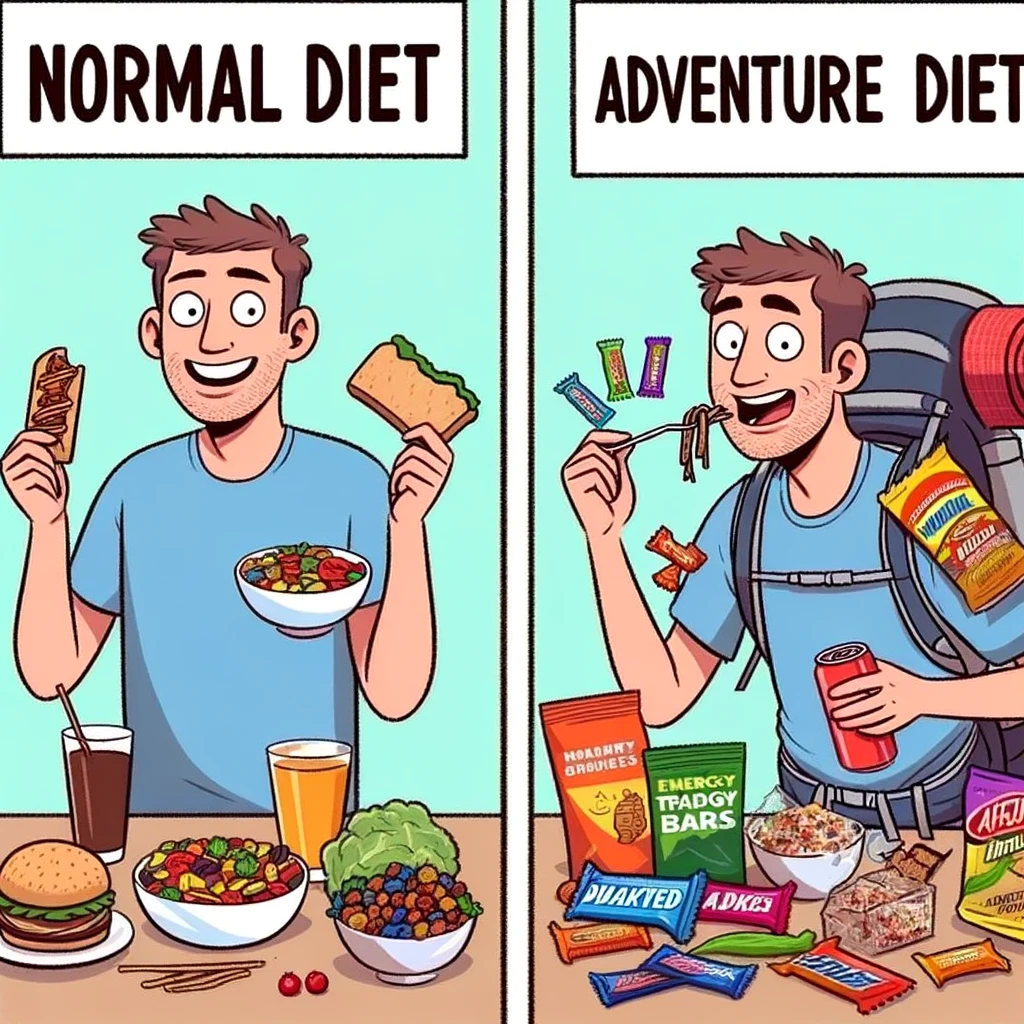 A two-panel meme. Left panel: A well-balanced, healthy meal with the caption 'Normal diet'. Right panel: A hiker eating random snacks like energy bars and trail mix, captioned 'Adventure diet'.