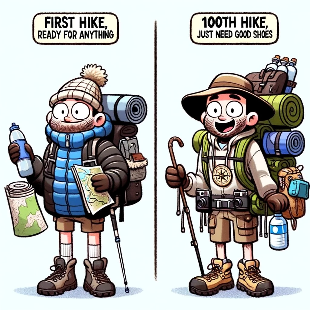 Two-panel meme. First panel: A cartoon person on their first hike, over-dressed in a bulky jacket, hat, scarf, and gloves, carrying a large backpack, multiple water bottles, a map, a compass, and binoculars, with an anxious yet excited expression. Caption at the bottom reads "First hike, ready for anything". Second panel: The same person on their 100th hike, wearing simple hiking clothes, a small backpack, holding only a water bottle and wearing comfortable shoes, with a relaxed and confident smile. Caption at the bottom reads "100th hike, just need water and good shoes". The meme reflects the evolution of a hiker from being overly prepared to being confidently minimalist.