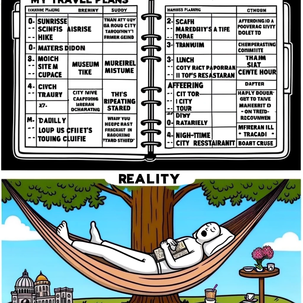 Meme image depicting an overambitious travel itinerary. Top panel: A planner open to a page filled with activities from early morning to late night, labeled with things like 'sunrise hike', 'museum visit', 'lunch at famous cafe', 'afternoon city tour', 'dinner at top-rated restaurant', and 'nighttime boat cruise'. Each activity is packed tightly into the schedule, leaving no free time. Caption at the top reads "My travel plans". Bottom panel: The same person, presumably the planner's owner, sleeping peacefully in a hammock under a tree, implying exhaustion from their ambitious plans. Caption at the bottom reads "Reality". This meme humorously contrasts ambitious travel planning with the often more relaxed reality of travel.