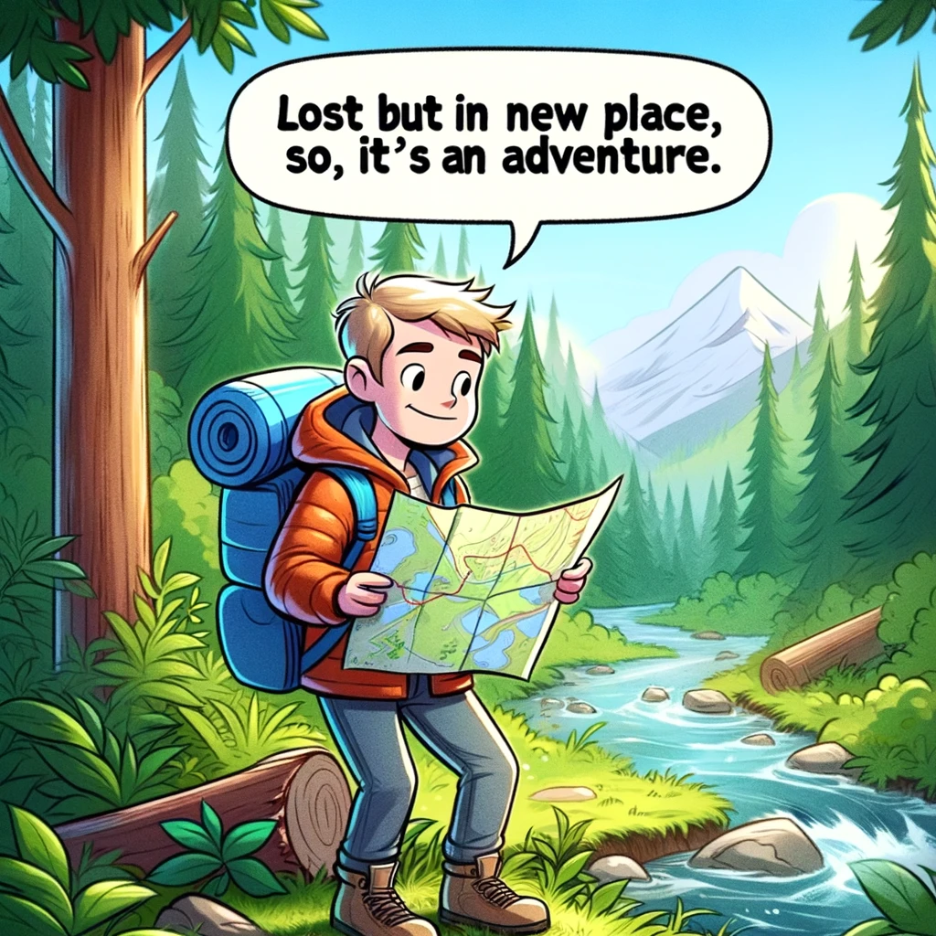 Meme image of a person lost but not worried. The image shows a cartoon character in hiking attire standing in a lush forest, looking at a map with a slightly confused but amused expression. The person is surrounded by trees, a flowing river, and distant mountains, depicting a beautiful wilderness setting. The character seems to be trying to figure out their location but is not stressed about it. The caption at the bottom reads, "Lost but in a new place, so it's an adventure." This meme humorously captures the spirit of adventurous travelers who find joy in the unexpected aspects of their journeys, even when they are a bit lost.