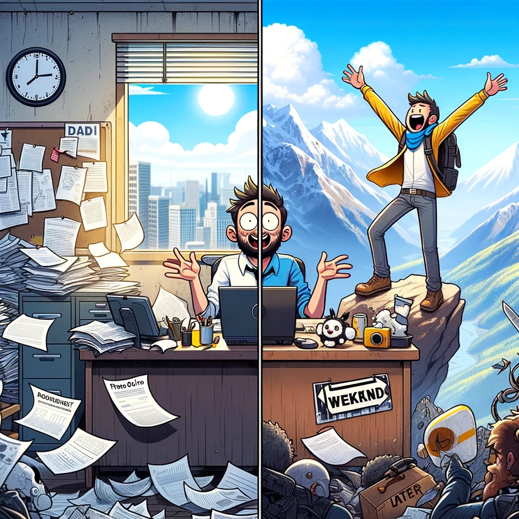 Split image meme contrasting office life and adventure. Left side: A cartoon character sitting at a cluttered office desk, surrounded by papers, a computer, and a clock showing a late hour, looking tired and bored. The office setting is drab with a window showing a cityscape. Caption at the bottom reads "Monday to Friday". Right side: The same character standing triumphantly on a mountain top, arms raised in joy, with a breathtaking view of mountains and a clear blue sky. The character looks exhilarated and free. Caption at the bottom reads "Weekend". This meme humorously contrasts the mundane routine of office work with the exhilaration and freedom of outdoor adventures on the weekends.