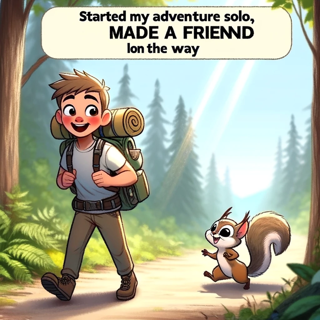 Meme image of an unexpected adventure buddy. The image shows a cartoon hiker starting off alone on a trail, equipped with a backpack and a map, looking happy and determined. As they walk, a cute squirrel or bird (artist's choice) starts following them, depicted in a playful and friendly manner. The hiker looks surprised but delighted at their new companion. The setting is a beautiful forest trail. The caption at the bottom reads, "Started my adventure solo, made a friend along the way". This meme captures the delightful surprises one can encounter while exploring nature, like forming an unexpected bond with a wild animal.