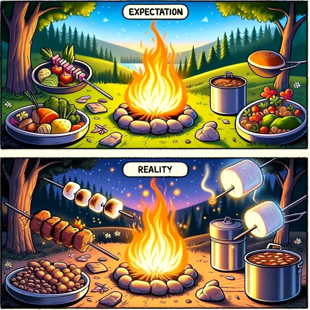 Two-panel meme about campfire cooking. Top panel: A cartoon image of a gourmet meal being cooked over a campfire in a beautiful outdoor setting. The meal looks elaborate and delicious, with items like grilled vegetables, skewered meats, and a pot of stew. The scene is picturesque with a glowing campfire and a serene natural backdrop. Caption at the top reads, "Expectation". Bottom panel: A humorous contrast showing a burnt marshmallow on a stick and a simple can of beans next to a small, less impressive campfire. The setting is still outdoors, but the cooking is much more basic and less successful. Caption at the bottom reads, "Reality". This meme humorously contrasts the idealized vision of campfire cooking with the often more modest reality.