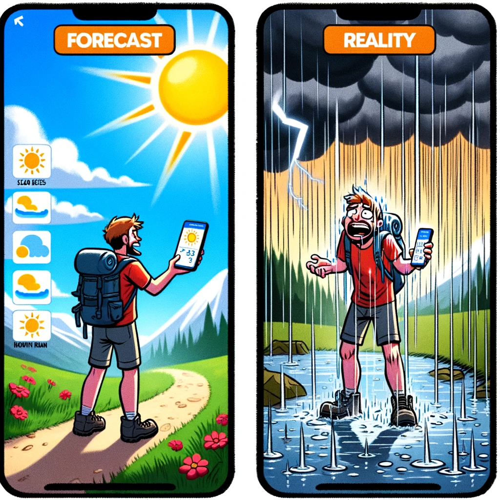 Two-panel meme contrasting weather forecast with actual weather during a hike. First panel: A cartoon image of a weather app on a phone showing a perfect sunny forecast for a hiking day, with clear skies and pleasant temperatures. The app interface is modern and user-friendly, and the sun icon is prominently displayed. Caption at the top reads, "Forecast". Second panel: A humorous contrast, showing the same hiker from the first panel now drenched in a sudden downpour while on their hike. The hiker looks surprised and slightly frustrated, standing in a landscape with dark clouds and heavy rain. Caption at the bottom reads, "Reality". This meme humorously highlights the unpredictability of weather, especially during outdoor activities like hiking.