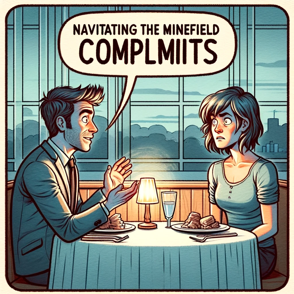 The Awkward Compliment: An image depicting a dinner date where one person is giving a compliment that unintentionally seems awkward or backhanded. The scene shows a restaurant setting, with one person speaking and gesturing in a way that suggests they are complimenting, while the other person looks confused, perplexed, or slightly insulted. The facial expressions and body language should highlight the awkwardness of the situation. A caption at the bottom reads: "Navigating the minefield of first date compliments."