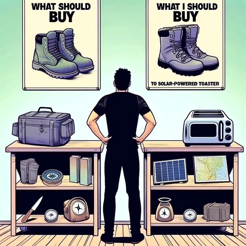 A meme depicting "Choosing Adventure Gear". A person is standing between two tables. The first table has practical gear like a compass, boots, and a map, captioned "What I should buy". The second table has unnecessary gadgets like a solar-powered toaster, captioned "What I end up buying". The image should be humorous, emphasizing the contrast between the practical and impractical choices of gear for adventure.