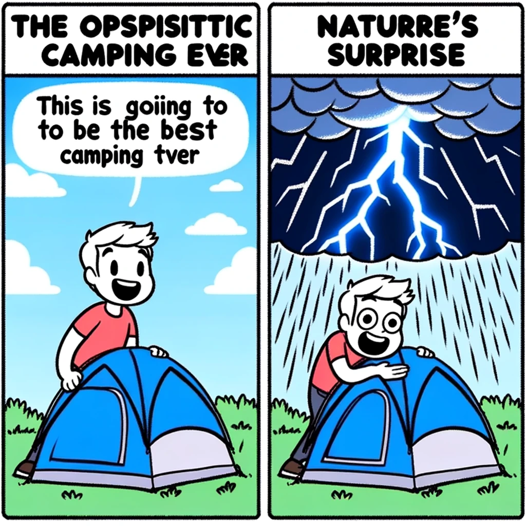 A two-panel meme titled "The Optimistic Camper". First panel: A smiling person setting up a tent under a clear blue sky, with a caption "This is going to be the best camping trip ever". Second panel: The same tent now in the middle of a thunderstorm, with a caption "Nature's surprise". The meme should capture the unpredictable nature of camping with a humorous twist.