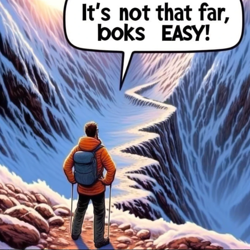 A meme featuring "The Eternal Optimist Hiker". It shows a hiker looking at a clearly difficult and dangerous path. The caption is an overly positive quote like, "It's not that far, looks easy!". The image should be humorous, highlighting the naive optimism of the hiker in the face of a challenging trail.