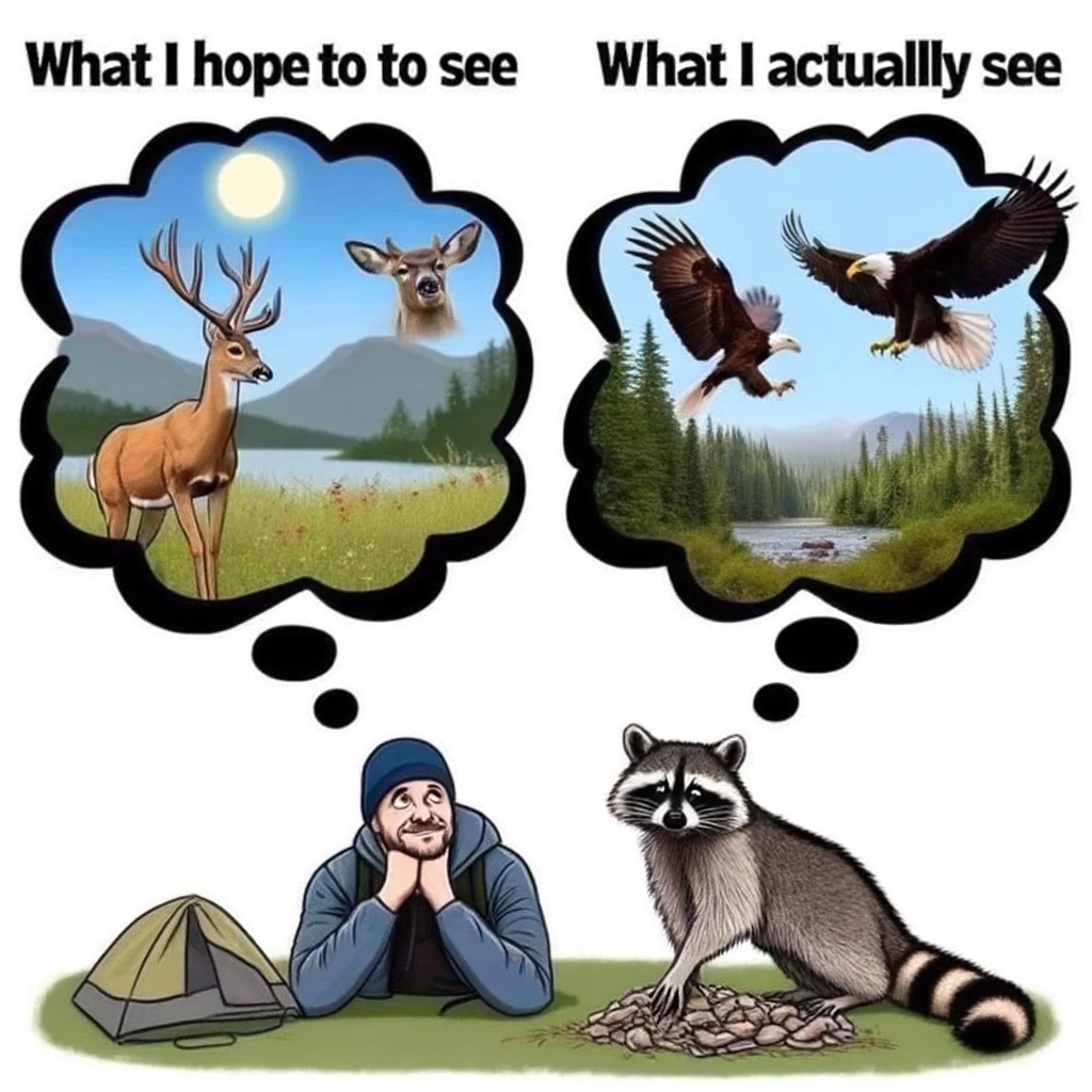 A split-image meme titled "Wildlife Encounter Expectations". The left side shows a person dreaming of majestic wildlife encounters, like seeing a deer or eagle, captioned "What I hope to see". The right side shows the same person staring at a raccoon rummaging through their camp, captioned "What I actually see". The meme should humorously contrast the idealistic expectations of wildlife encounters with the often mundane reality.