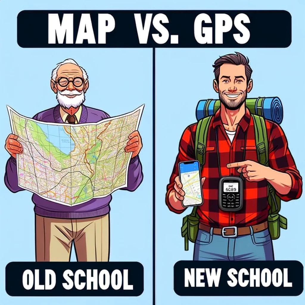 A meme showcasing "The Map vs. GPS Debate". It features an older adventurer on one side, proudly holding a traditional map, captioned "Old school". On the other side, a younger adventurer is using a smartphone GPS, captioned "New school". The meme should humorously depict the generational divide in navigation preferences, with both adventurers confident in their choices.