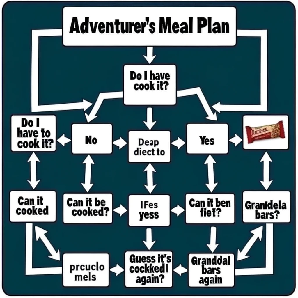 A flowchart meme titled "Adventurer's Meal Plan". It starts with the question "Do I have to cook it?" leading to "No" which goes directly to "Perfect" with a picture of pre-packaged meals. If "Yes", it leads to "Can it be cooked over a fire?" and eventually to "Guess it's granola bars again". The meme should humorously depict the simple and often limited food choices during adventures.