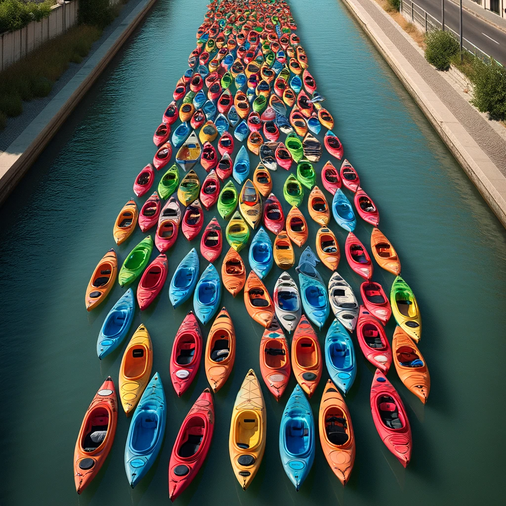 A narrow river or canal packed with colorful kayaks in a bumper-to-bumper formation, resembling a traffic jam on a highway. The kayaks should be in a congested, close arrangement, mimicking a rush hour scenario on a busy road, but in a water setting. Caption at the bottom: 'Rush hour in kayak city.'