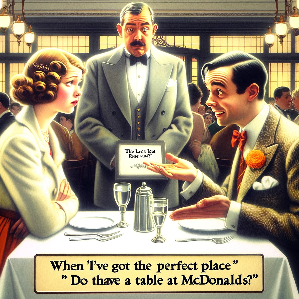The Lost Reservation: A humorous image of a couple at a restaurant, facing a host or hostess. The couple looks frustrated and embarrassed, while the host/hostess is showing a gesture of apology or confusion, indicating there's no record of their reservation. The restaurant is busy and looks like a fine dining place, emphasizing the disappointment. The couple is dressed for a special occasion, adding to the irony of the situation. A caption at the bottom reads: "When 'I've got the perfect place' turns into 'Do they have a table at McDonald's?'"