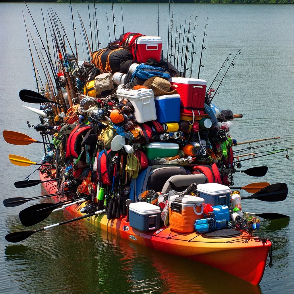 A kayak overflowing with excessive amounts of gear such as multiple life jackets, fishing rods, coolers, and more, making the kayaker barely visible. The kayak should be in a body of water, looking comically overloaded with equipment. Caption at the bottom: 'I think I might have forgotten something…'