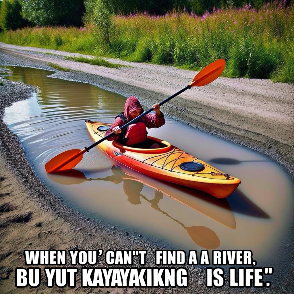 A person trying to paddle a kayak in a very small and shallow puddle, barely larger than the kayak itself. The person should look determined and focused, as if they are on a river, but they are actually in a comically inadequate amount of water. Caption at the bottom: 'When you can't find a river but kayaking is life.'