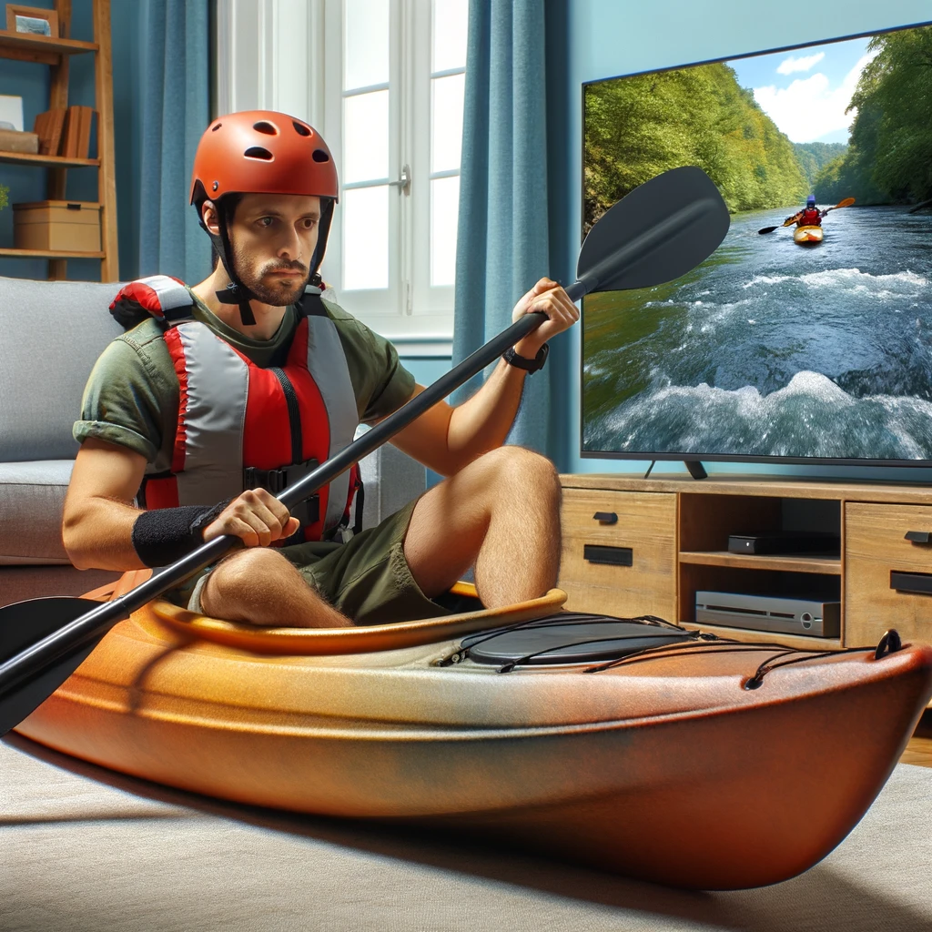 Someone sitting in a kayak in the middle of a living room, wearing a life jacket and helmet, holding a paddle. They should have a determined expression on their face. On the TV in the background, a video of a river should be playing, giving the impression of virtual kayaking. Caption at the bottom: 'Virtual kayaking adventures.'