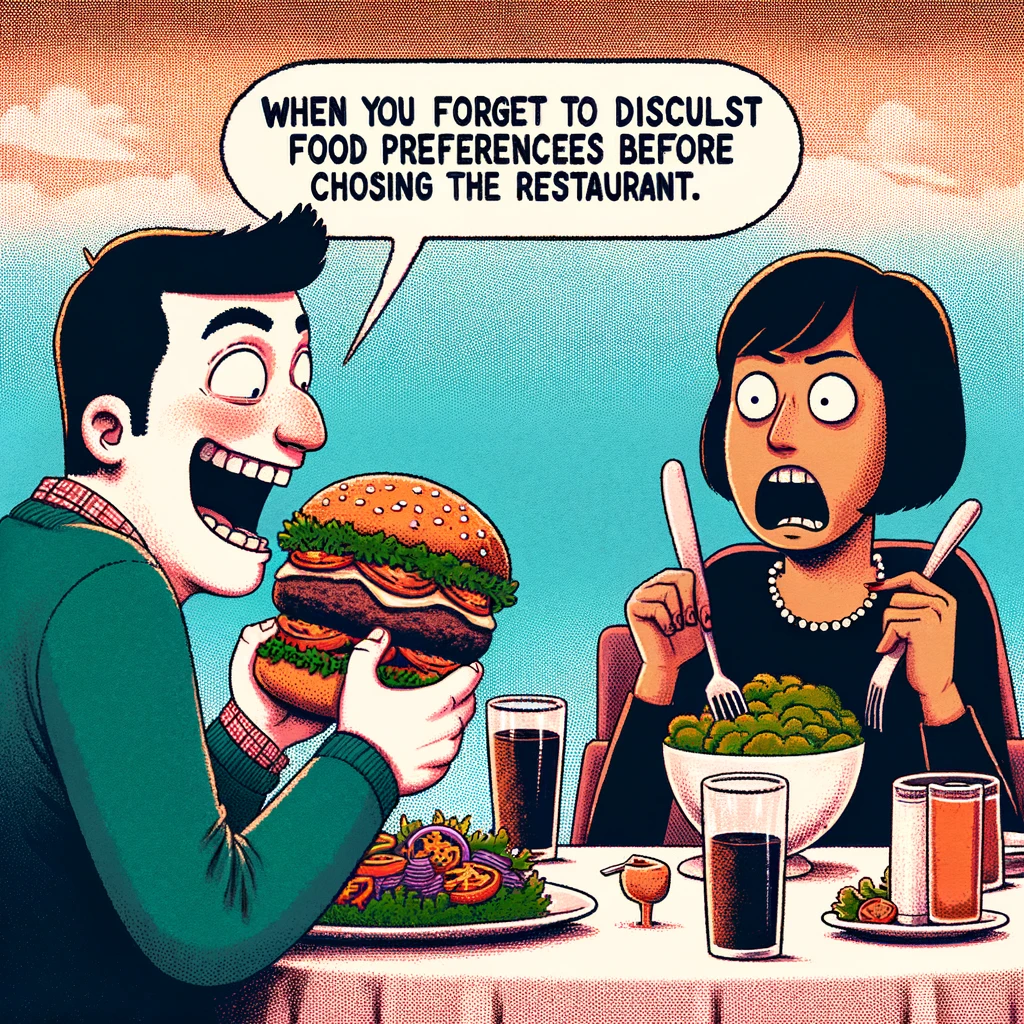 Mismatched Food Preferences: An image depicting a dinner date at a restaurant, where one person is enthusiastically eating a large, meaty burger, while their date, a vegetarian, looks on in horror. The vegetarian has a salad in front of them. The setting should show a casual dining environment, and the expressions should be highly exaggerated to emphasize the humor - the burger eater is blissfully unaware and enjoying their meal, while the vegetarian looks shocked or appalled. A caption at the bottom reads: "When you forget to discuss food preferences before choosing the restaurant."