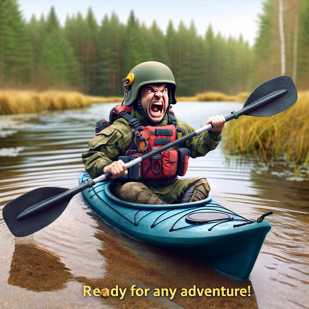A comedic image depicting a kayaker fully equipped with gear, including a helmet and life vest, paddling fiercely in a very calm and tiny pond. The kayaker's overzealous expression and intense paddling in such a serene, small body of water create a humorous contrast. Caption at the bottom reads: "Ready for any adventure!"