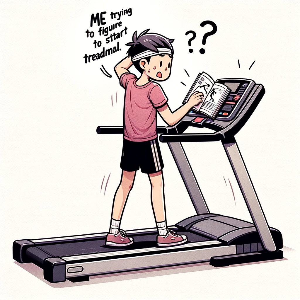 A confused person standing on a treadmill, holding a manual upside down. The person looks bewildered and is scratching their head, trying to understand the manual. The treadmill is modern and unused. A speech bubble from the person reads: "Me trying to figure out how to start the treadmill." The scene is humorous, capturing the confusion and challenge of using new gym equipment for the first time.