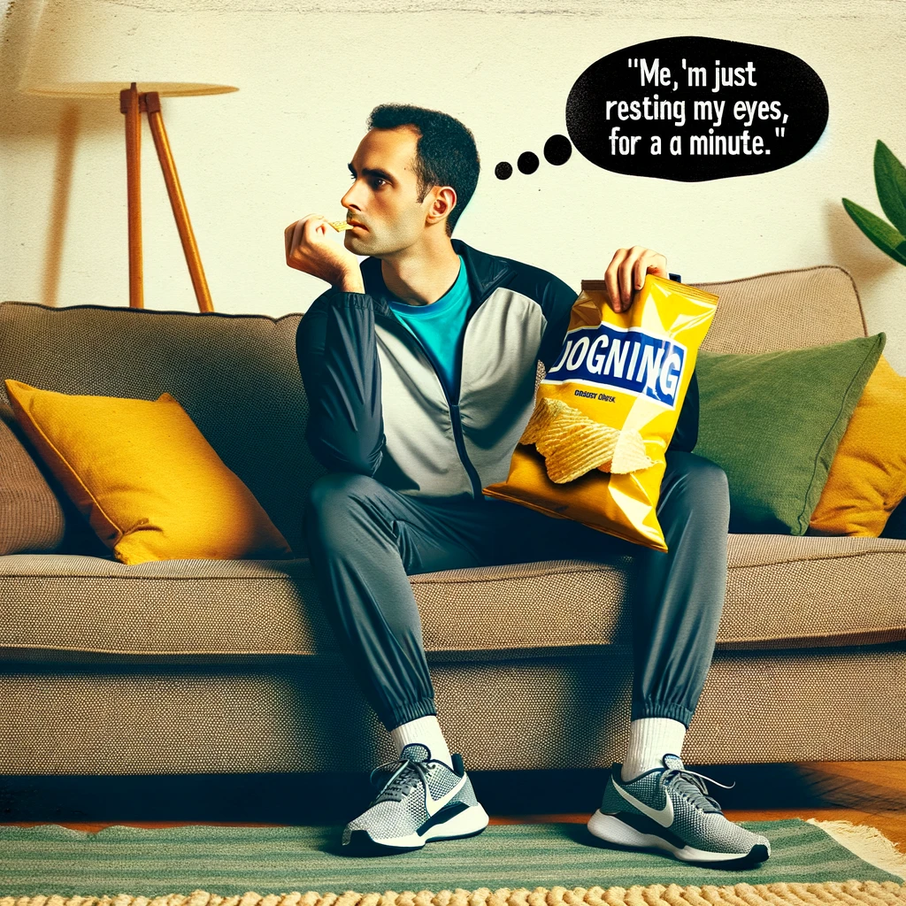 A person in full workout gear sitting on a couch, looking longingly at a bag of chips. The person is dressed in a jogging outfit and running shoes, but is clearly procrastinating. They are staring at the chips with a mixture of desire and guilt. The couch is comfortable and inviting, adding to the humor of the situation. A speech bubble from the person reads: "Me, getting ready for a run: 'I'm just resting my eyes for a minute.'" This image captures the humorous struggle between wanting to exercise and the temptation to relax.