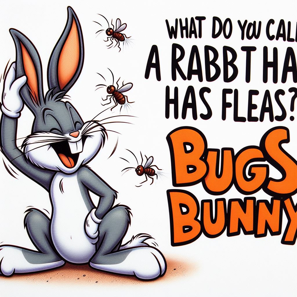 A playful depiction of Bugs Bunny, the iconic cartoon character, scratching its ear with one paw while tiny fleas are jumping around. The humorous scene highlights the play on words with Bugs Bunny and the notion of having fleas. The caption reads: "What do you call a rabbit that has fleas? Bugs Bunny."