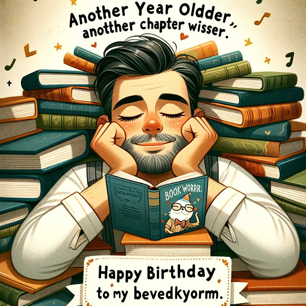 A charming image of a man asleep with a book on his face or surrounded by a mountain of books. Caption: "Another year older, another chapter wiser. Happy Birthday to my beloved bookworm!"