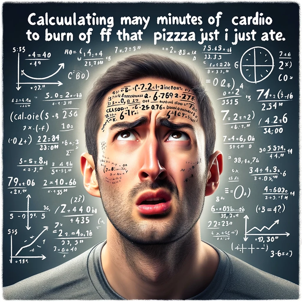 A person looking bewildered with complex mathematical equations floating around their head. The person is in workout clothes, with a look of confusion and concentration as they try to make calculations in the air. The mathematical equations are about calories, distance, and time, symbolizing the mental math involved in figuring out exercise benefits. The caption below reads: "Calculating how many minutes of cardio I need to burn off that pizza I just ate." The image humorously depicts the overthinking that sometimes accompanies fitness routines.