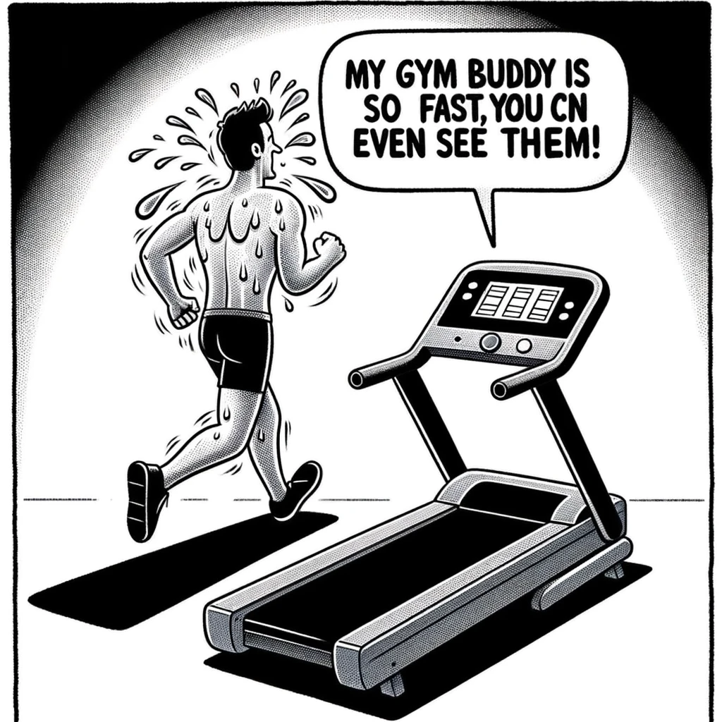 An empty treadmill next to a person sweating profusely on their treadmill. The person is focused on their workout, looking exhausted but determined. The empty treadmill next to them emphasizes the absence of their gym buddy. A speech bubble from the person reads: "My gym buddy is so fast, you can't even see them!" The image humorously plays on the idea of an invisible workout partner, highlighting the loneliness and intensity of solo workouts in a comical way.
