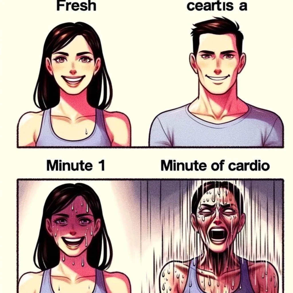 A meme split in two halves. The top half shows a person looking fresh and ready for exercise, with a bright and energetic expression. The bottom half shows the same person, exhausted and drenched in sweat, barely able to stand. The top half has a caption that reads "Minute 1 of cardio." The bottom half caption reads "Minute 2 of cardio." The stark contrast between the two halves humorously highlights the rapid onset of fatigue during intense cardio workouts, exaggerating the difficulty of maintaining energy.