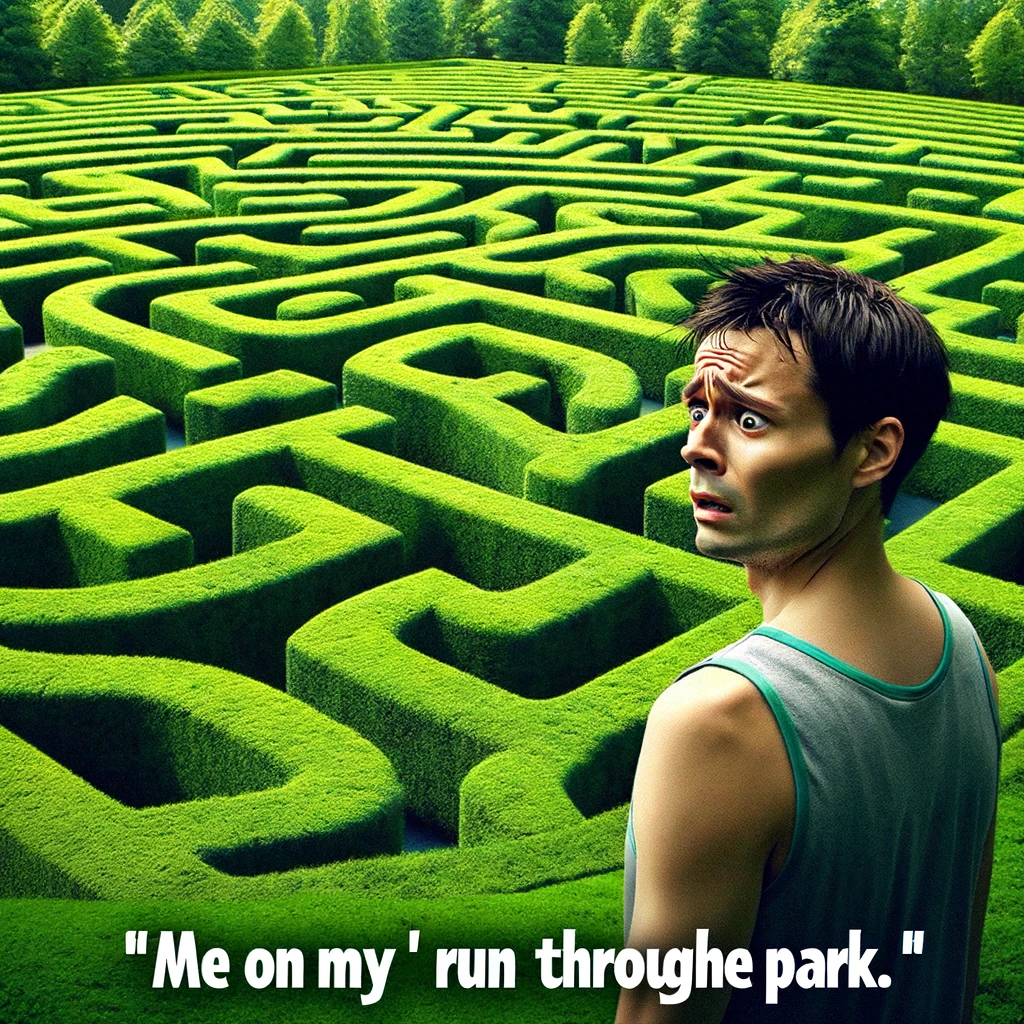A person looking lost and confused in a huge, maze-like park. The park is lush and green, with winding paths and tall hedges, creating a labyrinthine appearance. The person is in jogging attire, looking around bewildered, as if trying to find the way out. A caption below reads: "Me on my 'quick' run through the park." This image humorously captures the experience of getting lost during what was supposed to be a short and simple outdoor exercise.