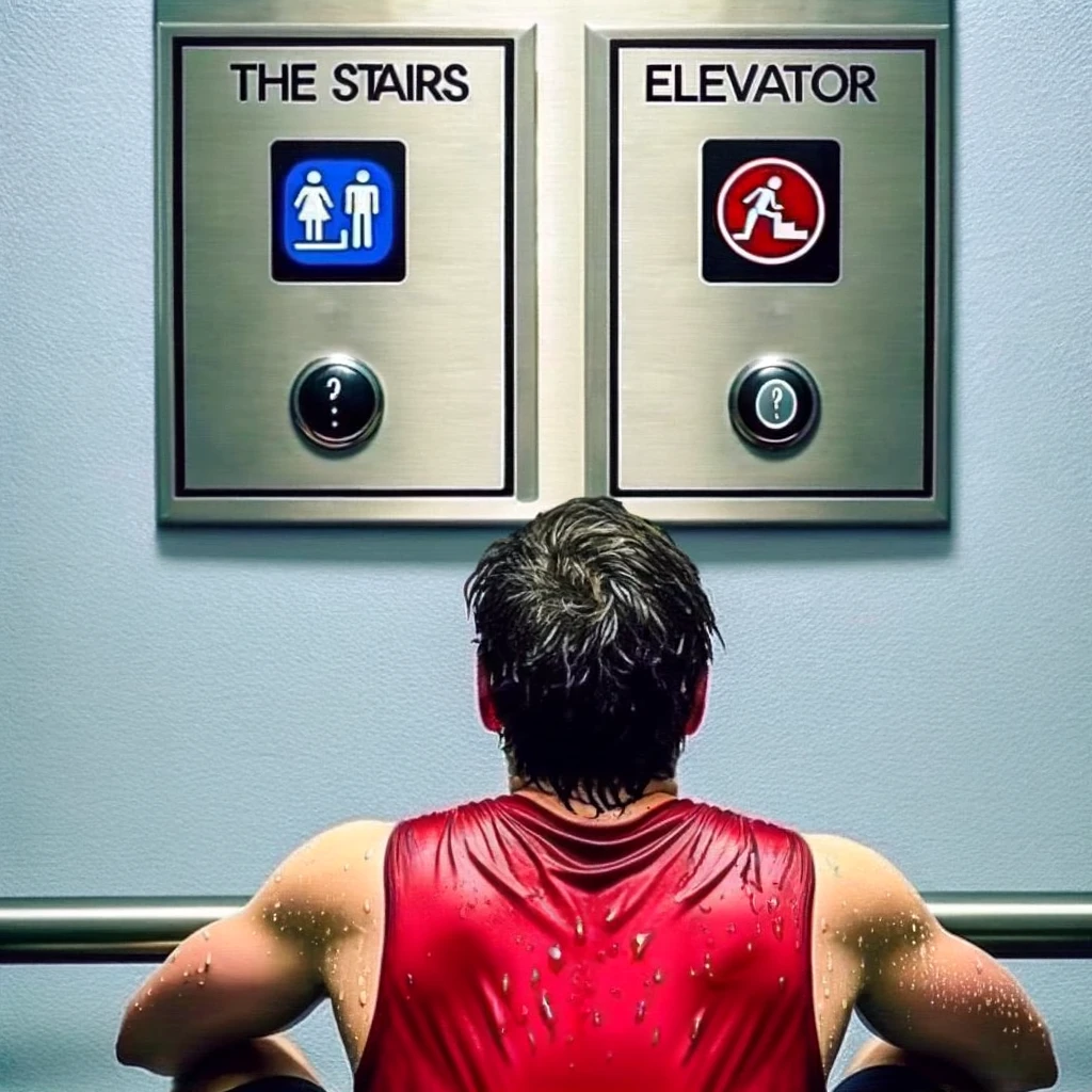 A split image showing two buttons: one for the stairs and one for the elevator. In the middle, a person stands sweating, looking anxiously at both buttons. The person is in gym attire, clearly contemplating the effort of taking the stairs versus the ease of the elevator. The facial expression is one of humorous indecision and struggle. The caption below reads: "Every cardio day starts with a big decision." This image humorously encapsulates the dilemma faced by many when trying to choose the healthier option.
