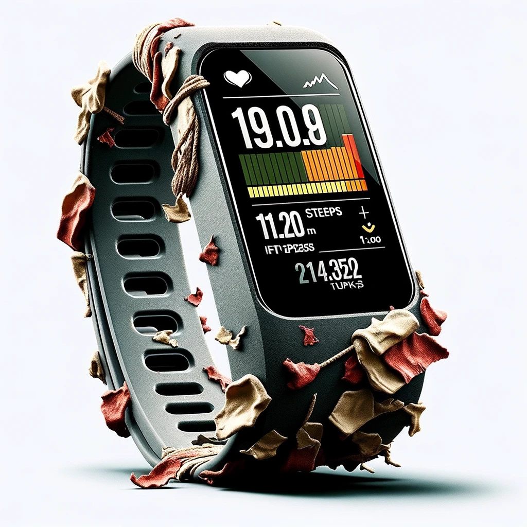 A fitness tracker screen showing an absurdly high number of steps. The screen is detailed, displaying a step count in the tens of thousands, along with other exaggerated fitness metrics. The display is comical in its exaggeration, implying the tracker has been through a rough and tumbling journey. The caption below reads: "My fitness tracker when I accidentally leave it in the dryer." The image humorously portrays the overestimation of activity that can occur with fitness trackers under unusual circumstances.