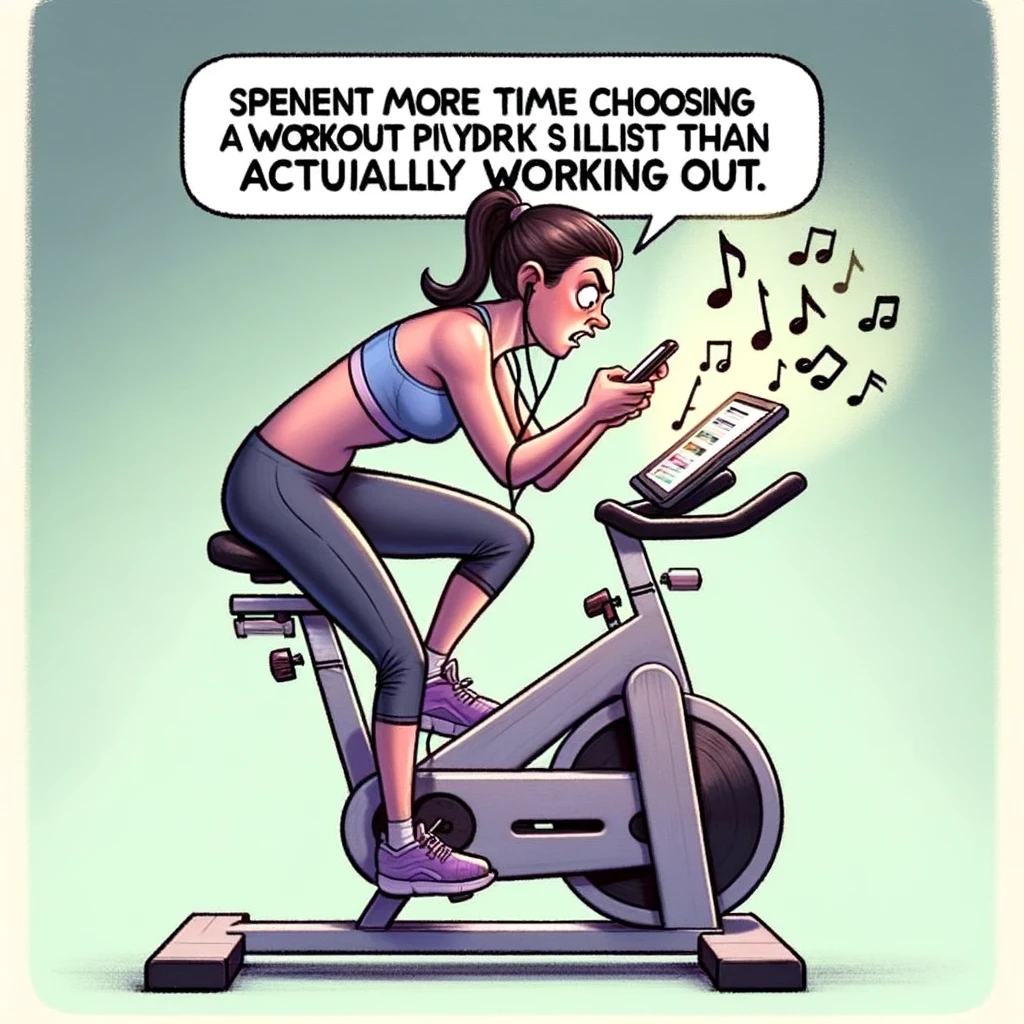 A person on a stationary bike, scrolling endlessly through their music playlist. The person looks frustrated and indecisive, constantly swiping through songs on their phone. The stationary bike is modern, and the person is dressed in workout clothes, ready for exercise, yet distracted by the playlist selection. The caption reads: "Spent more time choosing a workout playlist than actually working out." This image humorously captures the procrastination and indecision that can come with finding the perfect music for a workout.