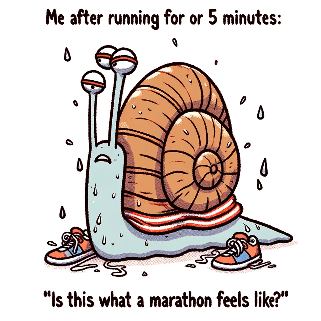 A cartoonish image of a snail wearing running gear, like a headband and sneakers. The snail looks exhausted and is sweating. The image should have a humorous and lighthearted vibe. There's a caption at the bottom that reads: "Me after running for 5 minutes: 'Is this what a marathon feels like?'"