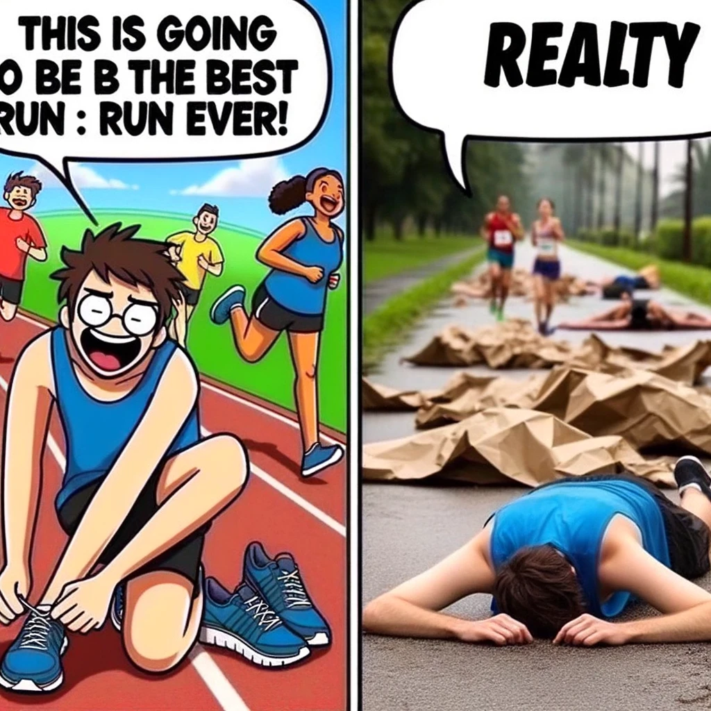 Split meme image: Top half shows an enthusiastic person, full of energy, lacing up running shoes. The caption above reads, "This is going to be the best run ever!" Bottom half shows the same person, lying on the ground exhausted just a few steps away from the start, with a defeated expression. The caption below reads, "Reality." Both images should be humorous and relatable to runners.