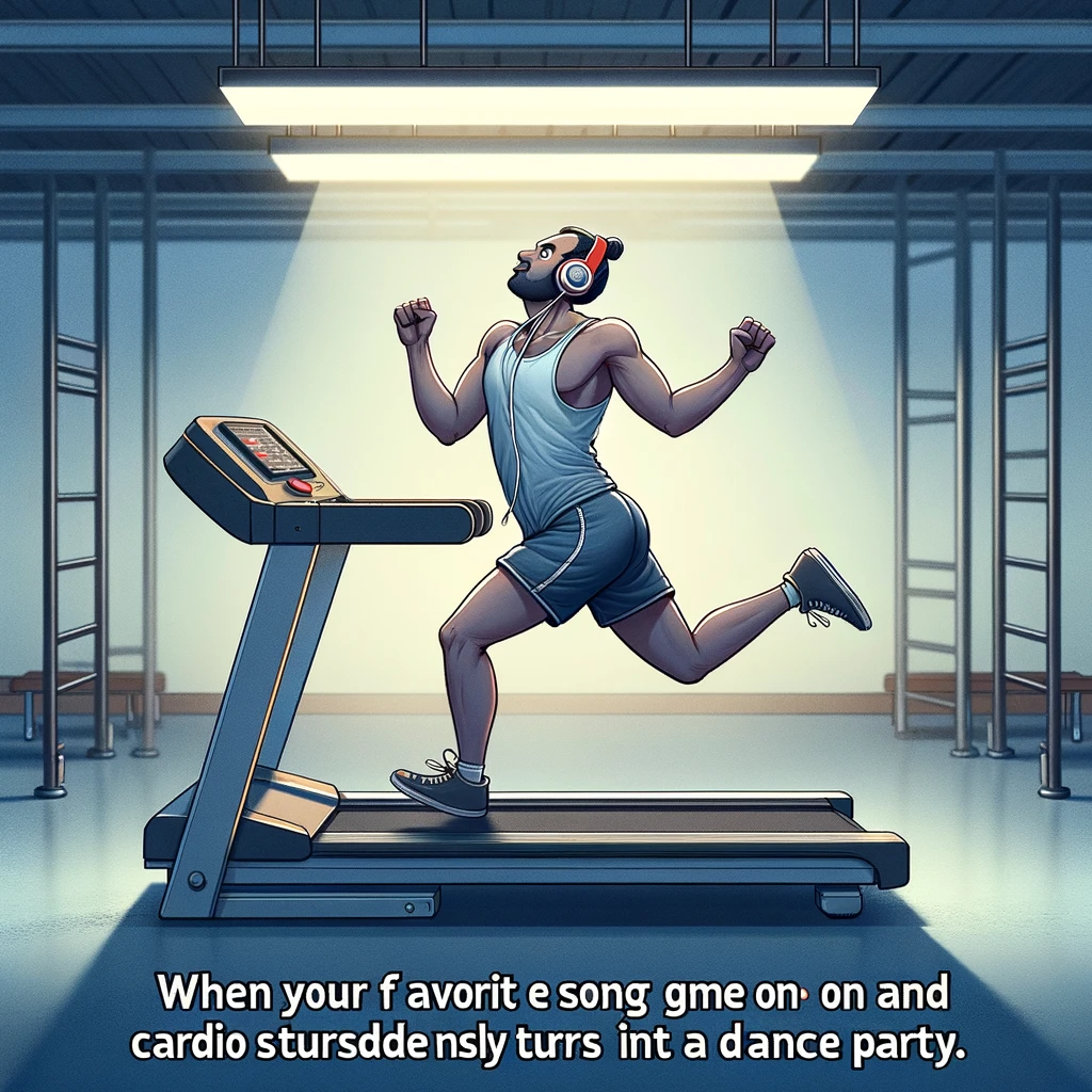 A comical image of a person dancing awkwardly on a treadmill. They are wearing gym clothes and headphones, and their dance moves are exaggerated and humorous. The atmosphere should be fun and energetic, depicting the joy of listening to a favorite song. Include a caption at the bottom that reads: "When your favorite song comes on and cardio suddenly turns into a dance party."