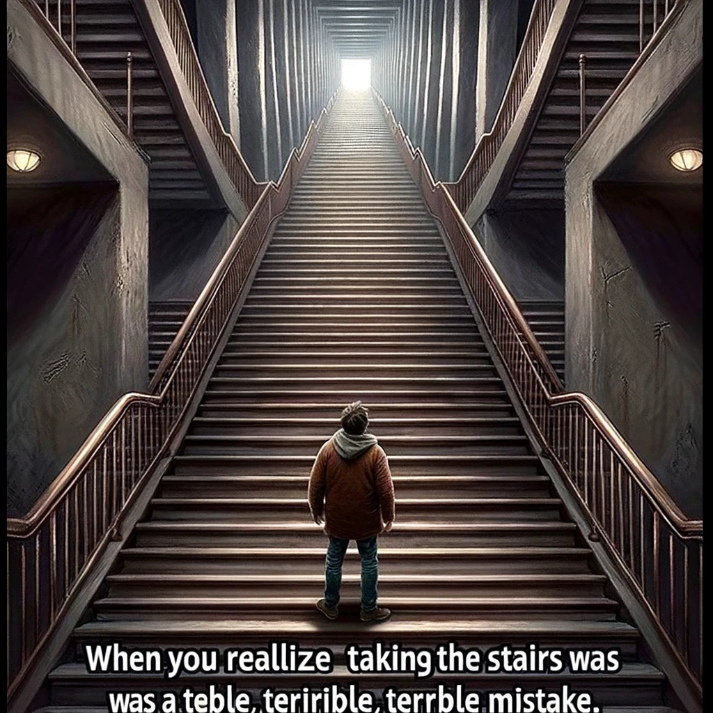 A humorous image showing a person standing at the bottom of a long, intimidating staircase, looking up with a terrified expression. The stairs should appear daunting and endless, emphasizing the person's hesitation and regret. Include a caption at the bottom that reads: "When you realize taking the stairs was a terrible, terrible mistake."