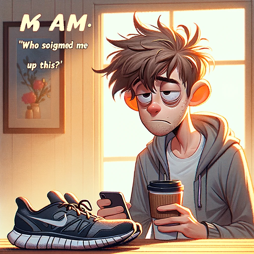 Image of a person with messy hair and sleepy eyes, holding a cup of coffee, and staring at a pair of running shoes. The person should look confused and tired, emphasizing the struggle of early morning workouts. The environment suggests it's an early morning setting in a home. Include a caption at the bottom that reads: "Me at 6 AM: 'Who signed me up for this?'"