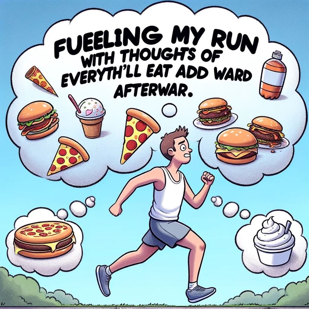 A humorous image of a person running, with thought bubbles around their head. Inside the thought bubbles are images of delicious foods like pizza, burgers, and ice cream. The person should have a determined look, implying they are motivated by the thought of eating these foods after the run. The setting is outdoors, possibly in a park. Include a caption at the bottom that reads: "Fueling my run with thoughts of everything I'll eat afterward."