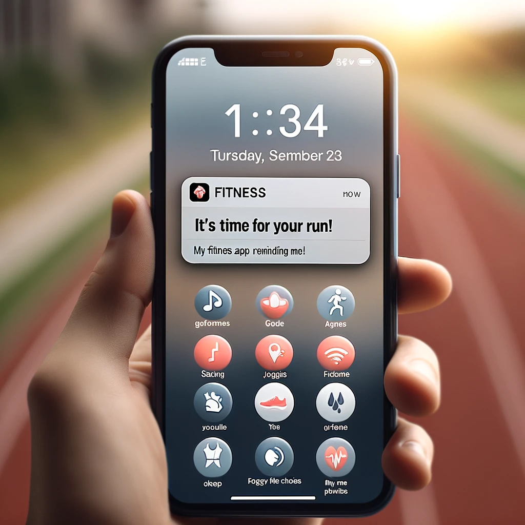A screenshot-style image resembling a fitness app notification on a smartphone. The notification reads, "It's time for your run!" The app interface should look modern and realistic, with fitness-related icons. The background can be a blurred image of a jogging track or gym setting to add context. Include a caption below the screenshot that reads: "My fitness app reminding me of my life choices." The overall tone is humorous and relatable for regular app users.