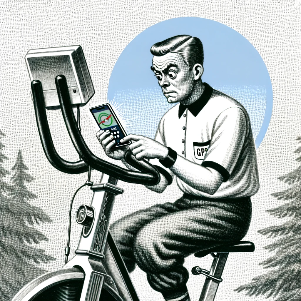 A comical image of a person on an exercise bike looking confused and checking their phone's GPS app. The exercise bike should be stationary in a gym or home setting. The person's expression should be one of surprise and bewilderment, humorously portraying the irony of cycling but not moving anywhere. Include a caption at the bottom that reads: "20 miles on the stationary bike and still at the same place?!"