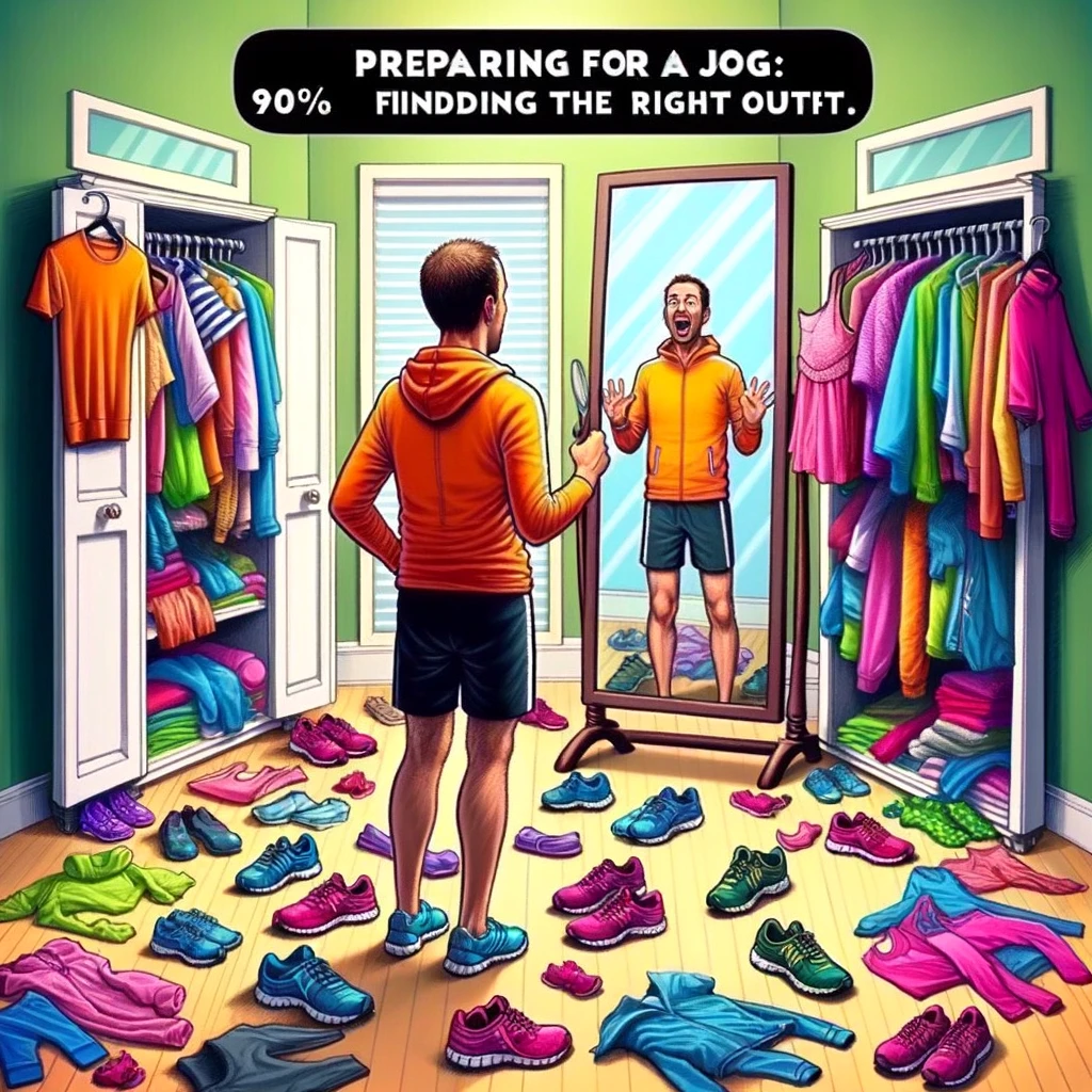 A humorous image of a person standing in front of a mirror, trying on various colorful and outrageous outfits for jogging. The person should look indecisive and be surrounded by a mess of clothes. The scene is set in a bedroom or dressing room, highlighting the dilemma of choosing the right outfit. Include a caption at the bottom that reads: "Preparing for a jog: 10% running, 90% finding the right outfit."